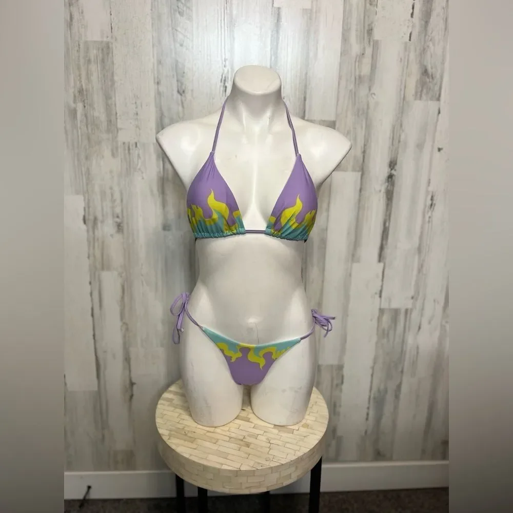 Purple Flame Graphic String Bikini Set Womens Size Small S 2 Piece Swimsuit Halt